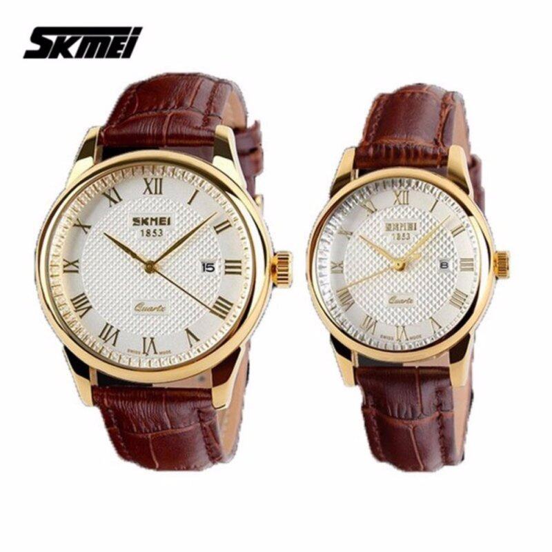SKMEI 9058 Classic Calendar Leather Couple Watch (Gold White) - 1 Pair Malaysia