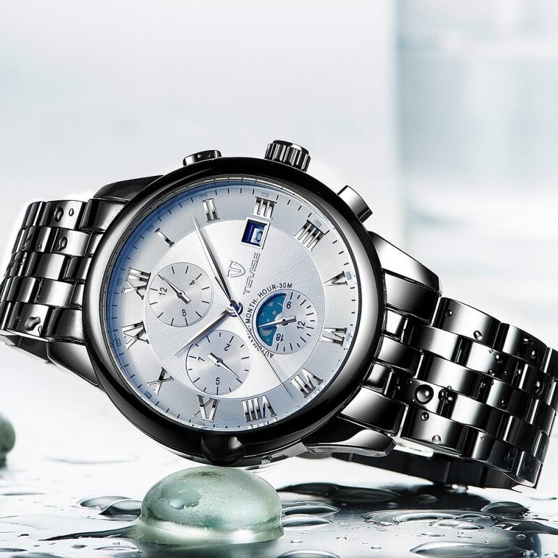 TEVISE Luxury Moon Phase Luminous Water-Resistant Automatic Man Mechanical Watch Stainless Steel Self-Winding Men Business Wristwatch Masculino Relogio + Box Malaysia