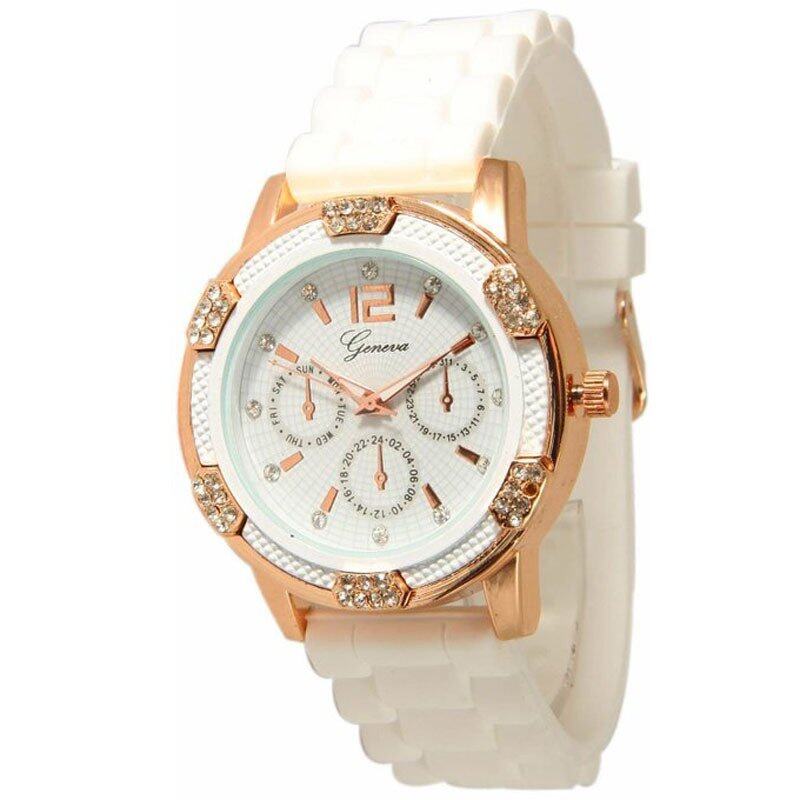 Womens White Rose Gold Chronograph Silicone with Crystal Rhinestones (White) Malaysia