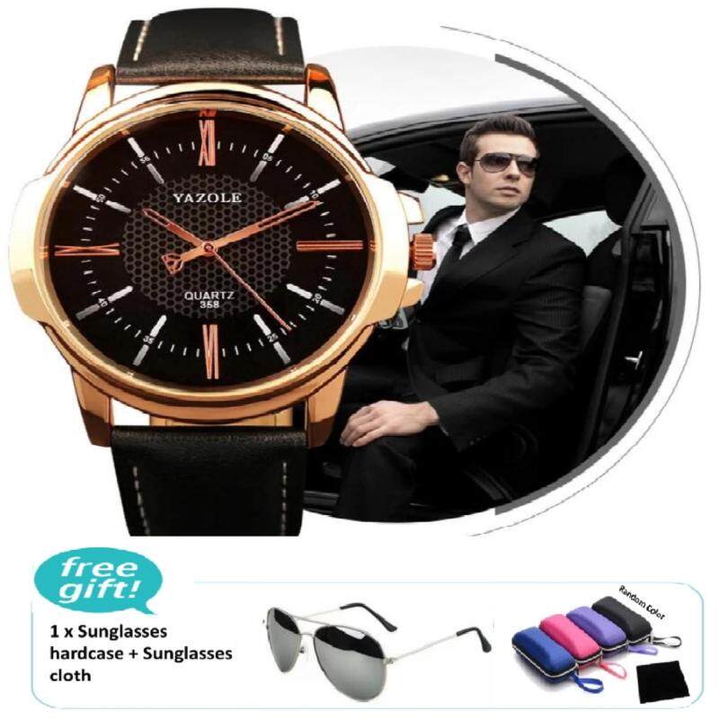 Yazole Luxury Famous Men Leather Watch Male Clock (Black) free iShade Sunglasses Classic Coating Shades Designer Sunglasses (Silver) Malaysia