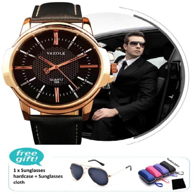 Yazole Luxury Famous Men Leather Watch Male Clock (Black) free iShade Sunglasses Classic Coating Shades Designer Sunglasses UV400 Anti-UV (gold) Malaysia