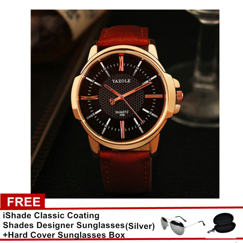 Yazole Luxury Famous Men Leather Watch Male Clock (Black&Brown) free iShade Sunglasses Classic Coating Shades Designer Sunglasses (Silver) Malaysia